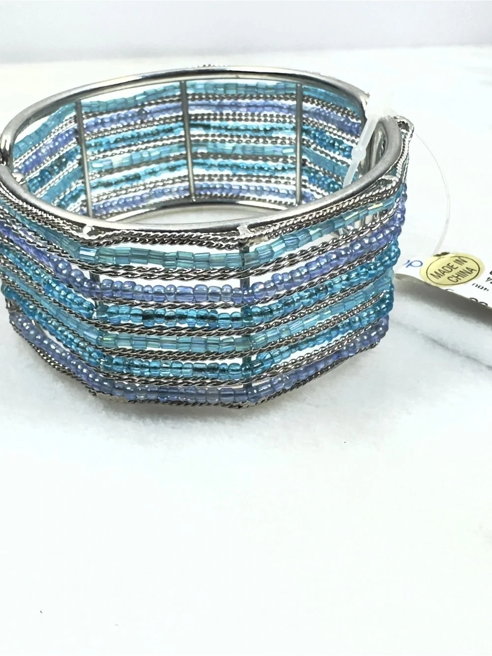 Silver-Tone Multi-Row Blue Beaded Cuff Bracelet